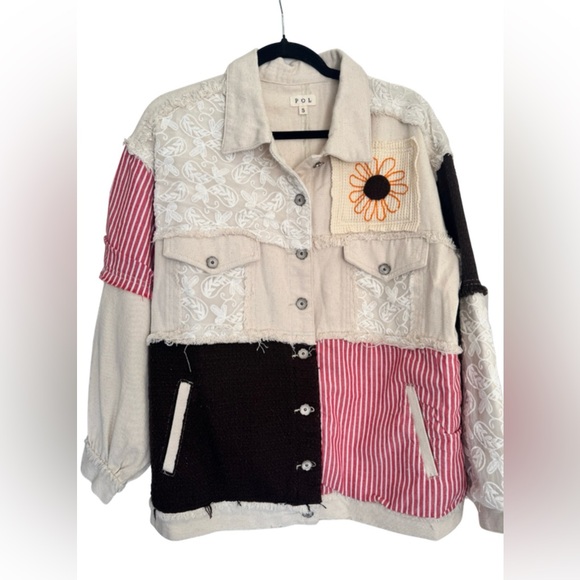 POL Cream Patchwork Twill Jacket w Lace & Sunflower Details Size Small - Picture 2 of 10